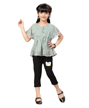 POPLINS Pure Cotton Half Flared Sleeves Floral Printed Gathered A Line Top & Capri Set - Green & Black