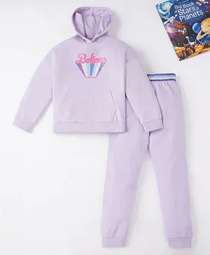 Ed-a-Mamma Cotton Full Sleeves Winter Wear Hooded Sweatshirt With Lounge Pant Text Print- Purple