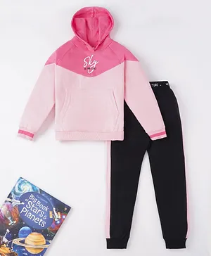 Ed-a-Mamma Cotton Full Sleeves Winter Wear Hooded Sweatshirt With Lounge Pant Text Print- Pink Black