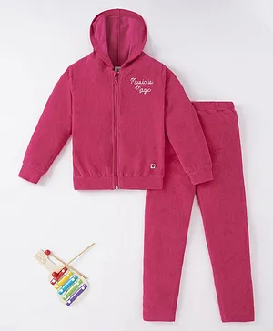 Ed-a-Mamma Cotton Full Sleeves Embroidered Winter Wear Hooded Sweatshirt With Lounge Pant- Pink