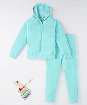 Ed-a-Mamma Cotton Full Sleeves Embroidered Winter Wear Hooded Sweatshirt With Lounge Pant- Blue