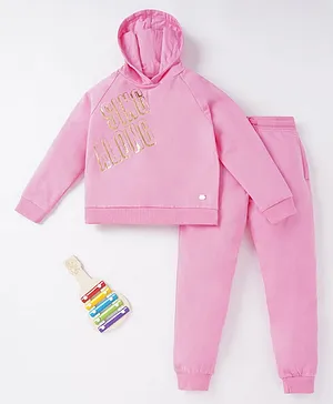 Ed-a-Mamma Cotton Full Sleeves Winter Wear Hooded Sweatshirt With Lounge Pant Foil Print- Pink