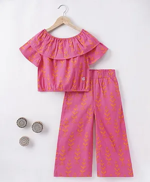Ed-a-Mamma Cotton Flutter Sleeves Printed Top & Pant Set- Pink