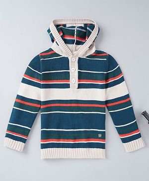 Ed-a-Mamma Cotton Full Sleeves Hooded Sweater Stripes Design- Blue Red White