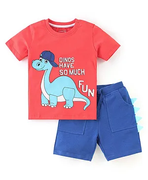 Babyhug Single Jersey Cotton Knit Half Sleeves T-Shirt & Shorts Set Dino Print - Red & Blue