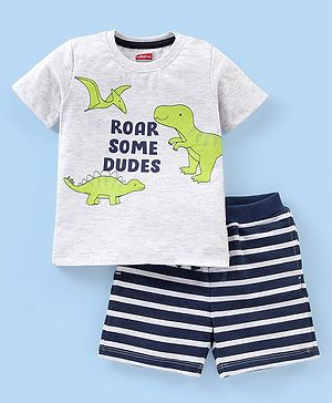 Babyhug Cotton Knit Half Sleeves Dino Printed T-Shirt and Striped Shorts Set - White Milange & Blue