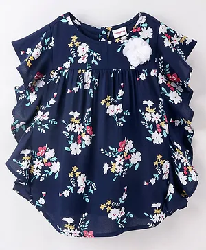 Babyhug Flutter Sleeves Top With Corsage Detailing & Floral Print- Navy Blue