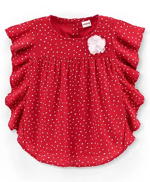 Babyhug 100% Rayon Half Sleeves Top With Corsage Detailing & Dot Print - Red