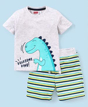 Babyhug Cotton Half Sleeves T-Shirt and Knee Length Shorts Dino Print - White