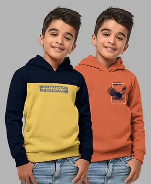 Hellcat Pack Of 2 Full Sleeves Text Placement Printed & Colour Blocked Hooded Sweatshirt - Navy Blue & Saffron