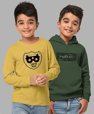 Hellcat Pack Of 2 Full Sleeves Super Hero & Forest Text With Leaf Printed Sweatshirts - Olive Green & Mustard Yellow