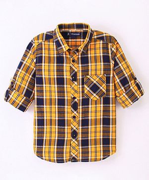 Pine Kids Full Sleeve Turn Up Single Pocket Checks Shirt - Yellow