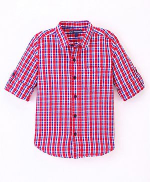 Pine Kids Full Sleeve Turn Up Single Pocket Checks Shirt - Red
