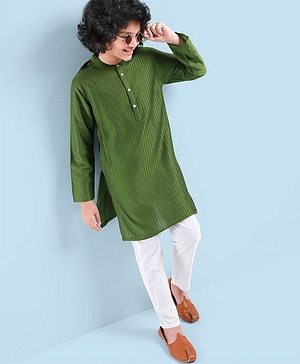 Pine Kids Full Sleeves Pintuck Kurta Pyjama Set Striped Design - Green