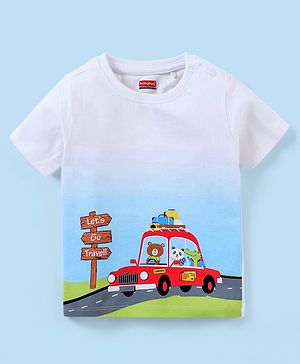 Babyhug Cotton Half Sleeves T-Shirt Car Print - Blue & White