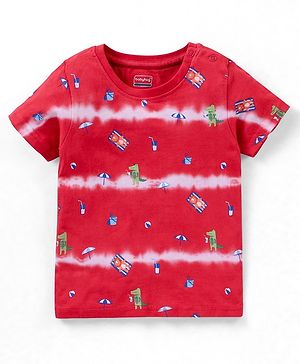 Babyhug Cotton Half Sleeves T-Shirt With Tie Dye & Dino Print- Red