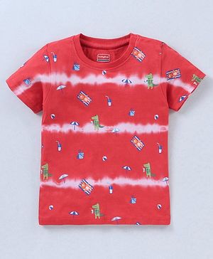 Babyhug Cotton Half Sleeves T-Shirt With Tie Dye & Dino Print- Red