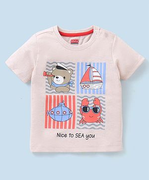 Babyhug Cotton Half Sleeves T-Shirt Bear & Crab Print- Beige
