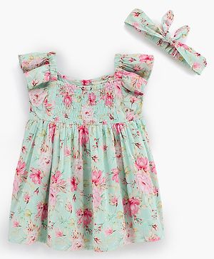Bonfino Woven Half Sleeves Frock Floral Print - Green