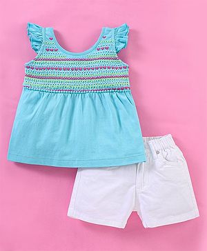 Babyhug 100% Cotton Sleeveless Top and Shorts Set Embroidered - Aqua Blue & White
