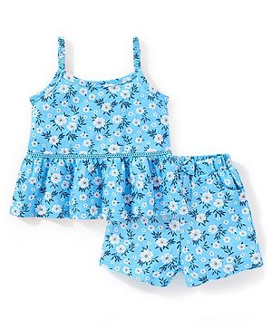 Babyhug 100% Cotton Sleeveless Top and Shorts Set Floral Print - Blue