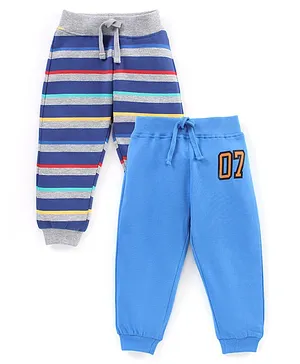 Babyhug Cotton Full Length Lounge Pant Stripes & Number Print Pack of 2- Blue & Grey