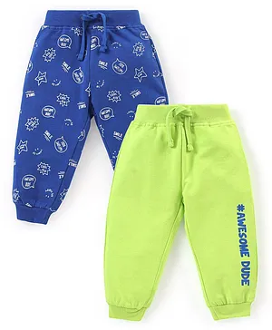Babyhug Cotton Full Length Text Print Lounge Pants Pack of 2 - Blue & Lime