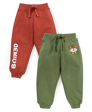 Babyhug Cotton Looper Knit Full Length Lounge Pants Pack of 2 Text Print - Green & Maroon