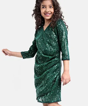 Hola Bonita Knit Sequin Cowl Long Sleeves Party Dress - Green