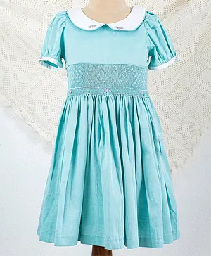 Soleilclo Half Puffed Sleeves Hand Smocked Waistband Fit And Flare Dress - Turquoise Blue
