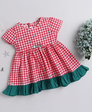 Many frocks & Cap Sleeves Christmas Theme Printed  Checked Dress - Red