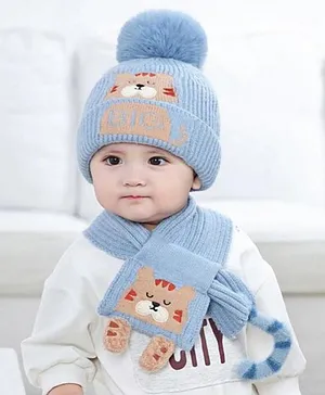 Little Surprise Box Bear Woven Stretchable Woollen Winter Cap With Matching Neck Muffler Set - Blue