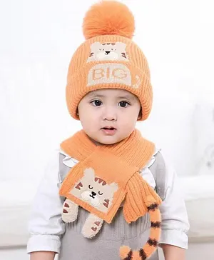 Little Surprise Box Bear Design Stretchable Woollen Winter Bobble Cap &  Muffler Set - Orange