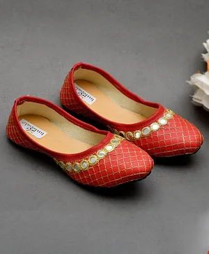Little Palz Hand Crafted  & Mirror Work Embroidered & Checked Design Ethnic Mojaris - Red