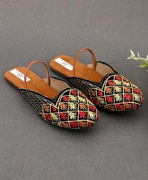 Little Palz Floral & Checked Design Embroidered Mojaris - Red & Golden