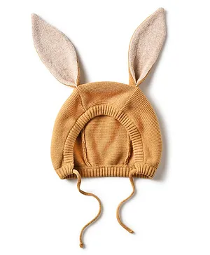 Mi Arcus 100% Cotton Knitted Bunny Ears Design Tie Up Bonnet Cap - Brown