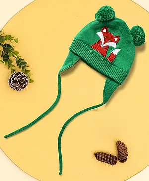 Mi Arcus 100% Cotton Knitted Pom Pom Ears Design Fox Patch Tie Up Cap - Green