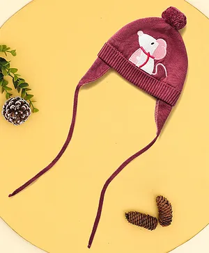 Mi Arcus 100% Cotton Knitted Pom Pom Ears Design Mouse Patch Tie Up Cap - Maroon