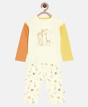 Aomi Full Sleeves Lets Play & Giraffe Printed Tee with Seamless Lion & Elephant Printed Pant - Cream