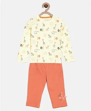 Aomi Full Sleeves Seamless Lion & Elephant Printed Tee With Lets Play & Giraffe Printed Pant - Mustard Yellow & Peach
