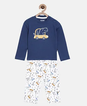 Aomi Full Sleeves Dinosaur & Car Printed Tee With Seamless Tree & Leaf Printed Pyjama - Blue