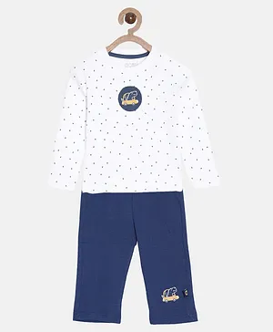 Aomi Full Sleeves Dinosaur With Car printed Tee & Coordinating Pant - White & Blue