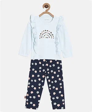 Aomi Full Sleeves Ruffle Detailed Top With  Seamless Flower Printed Coordinating Pant - Turquoise Blue