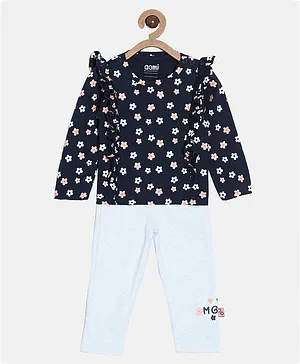 Aomi Full Sleeves Ruffle Detailed & Seamless Flower Printed Top With Coordinating Pant - Navy Blue