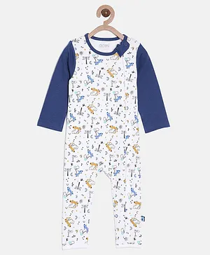 Aomi Full Sleeves Seamless Dino & Car With Tree Printed Romper - Blue & White