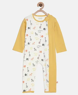 Aomi Full Sleeves Zoo Theme Seamless Zebra & Giraffe Printed Romper - Mustard Yellow