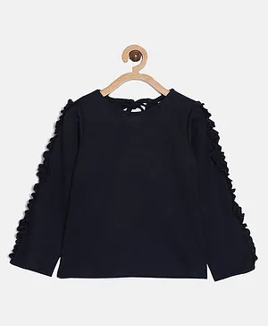 Aomi Full Sleeves Ruffle Detailed Solid Top - Navy Blue