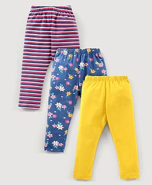 Babyhug Cotton Knit Full Length Leggings Floral Printed Pack of 3 - Yellow Blue & Red