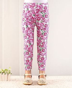 Babyhug Cotton Lycra Full Length Floral Printed Leggings - White & Pink
