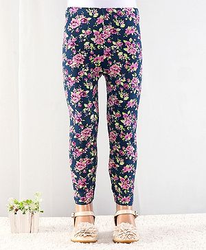 Babyhug Cotton Lycra Full Length Floral Printed Leggings - Navy Blue